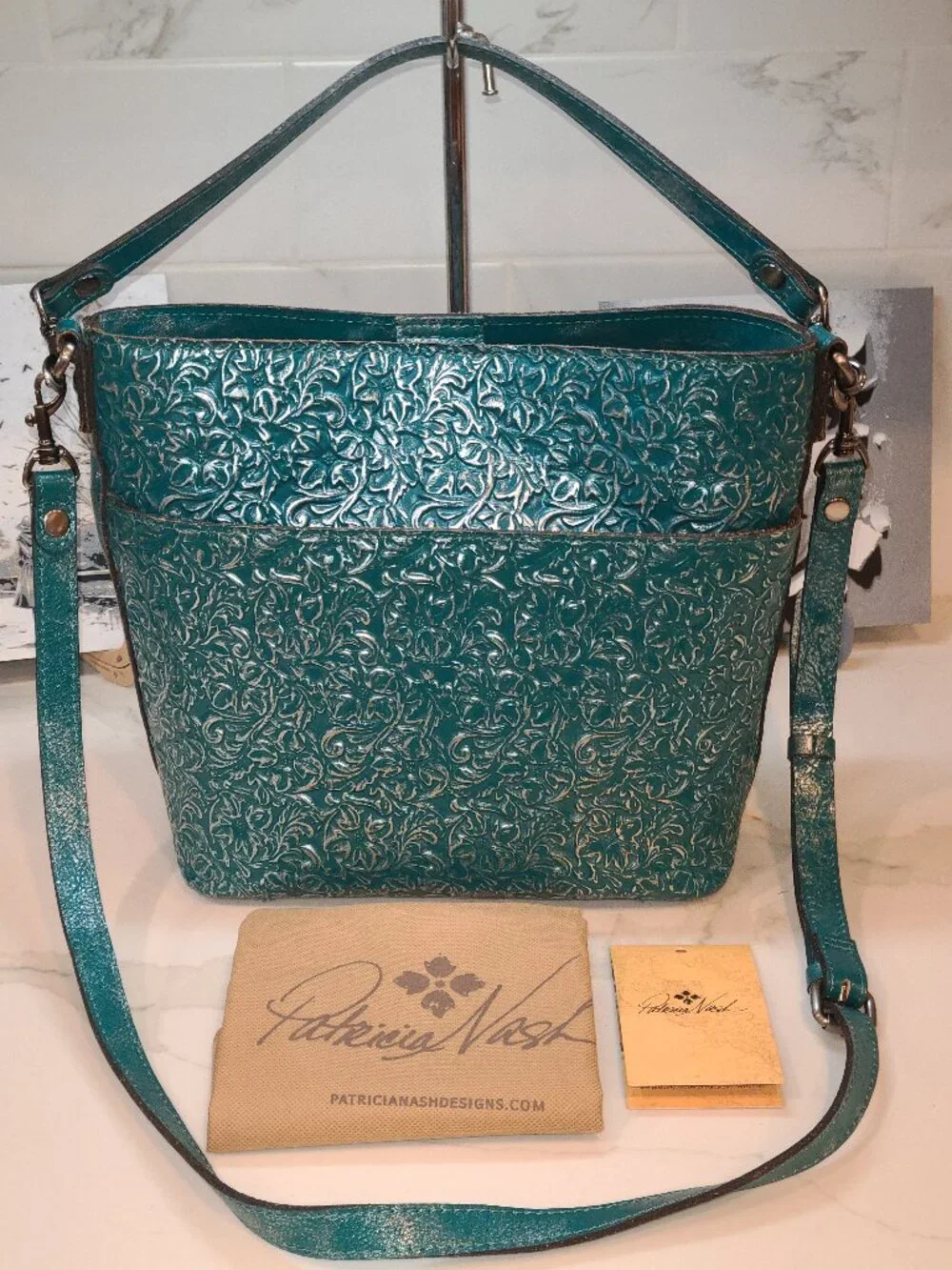 Patricia Nash Harper Tote Crossbody Teal Silver Metallic Floret Tooled Leather